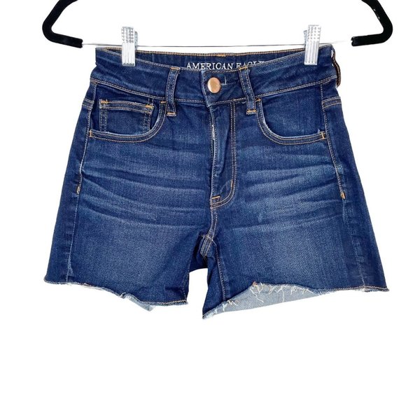 American Eagle Woman's 2 Hi-Rise Shortie Denim Shorts Dark Wash Summer Cut‎ Offs - Picture 1 of 9